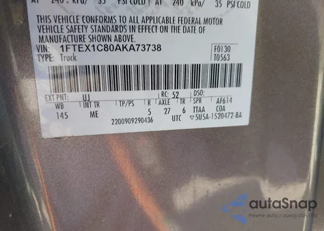 2010 Ford F-150 Fx2 Sport/Stx/Xl/Xlt z USA, uszkodzony, nr VIN 1FTEX1C80AKA73738